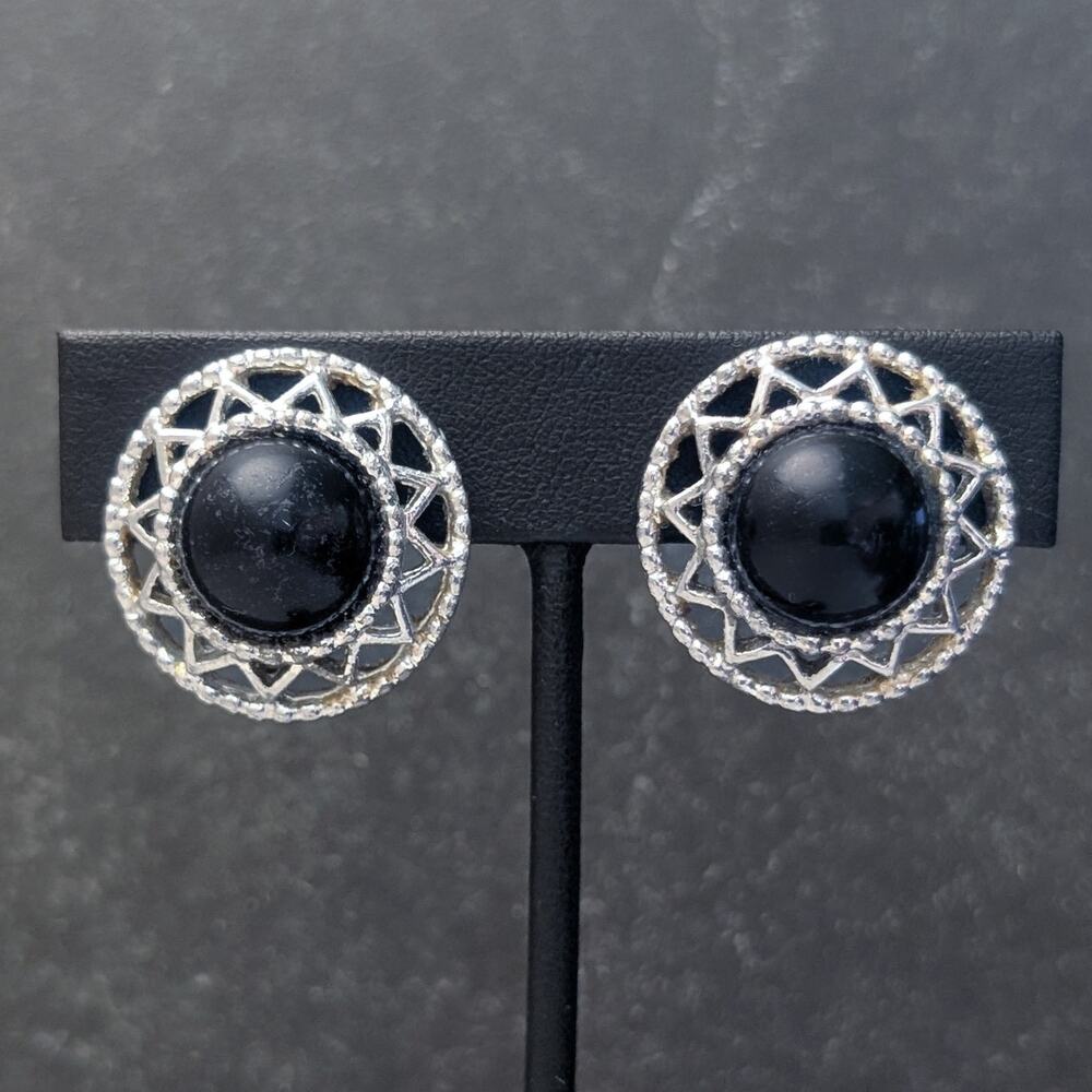 Vintage Sarah Coventry Clip On Earrings Silver Tone & Black - Fair Condition